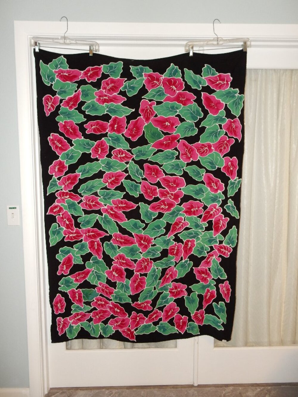 Vintage 42"x63" Rayon Sarong pink green floral tapestry wall hanging bedspread